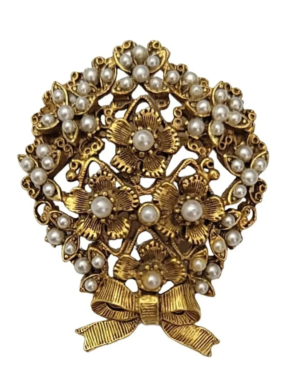 Florenza Gold Tone Faux Pearl Bouquet Of Flowers Pin Brooch, Signed M967